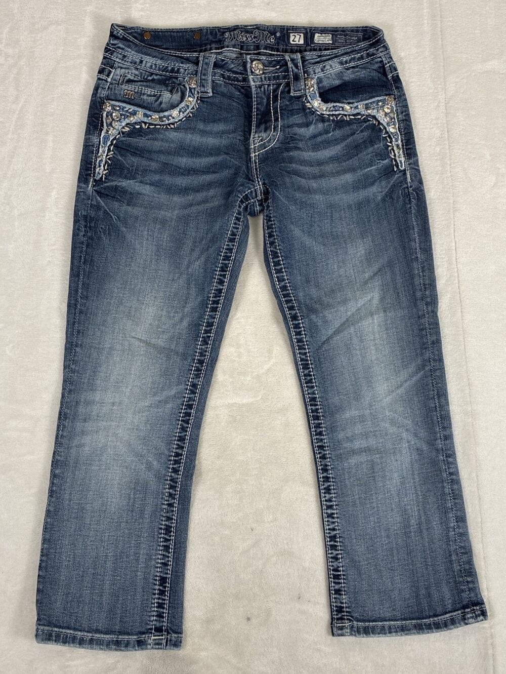 Miss Me Jeans Signature Cuffed Capri Blue Jeans Size 27 Embroidered FS Charity